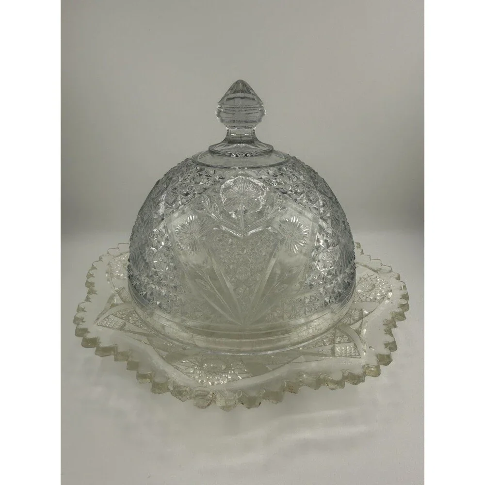 2 Piece Vintage American Brilliant Cut Glass Butter Dish with a Domed Lid